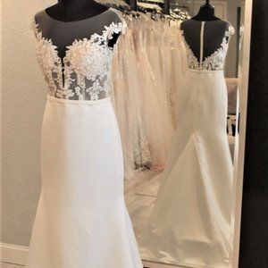 Brand New Wedding Dress Lace Illusion Top with Matte Satin Sheath Skirt